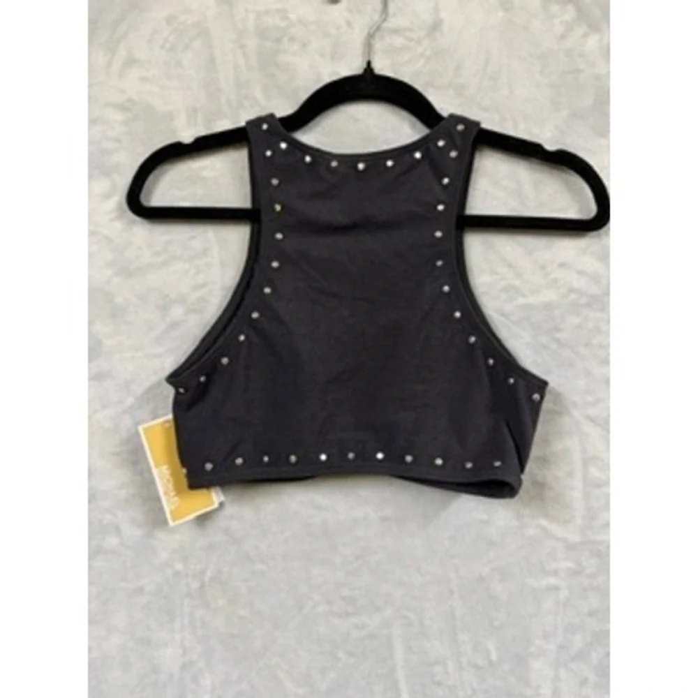 NWT Michael Kors Bikini Top Womens Black Studded O-Ring High Neck Crepe S $100